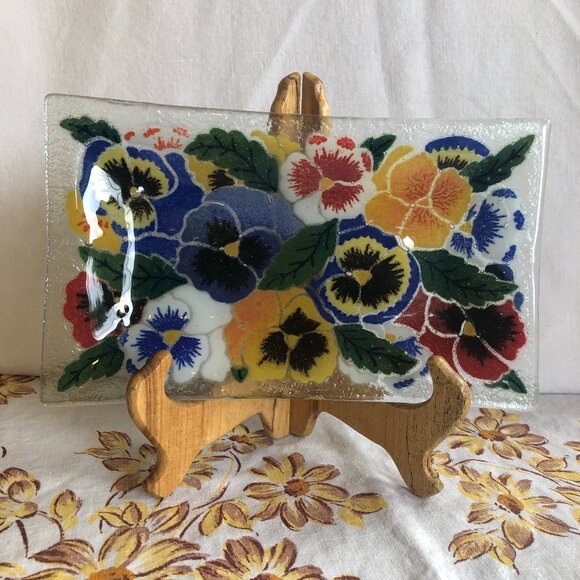 Fused Glass Peggy Karr Rectangular Pansy Serving Plate - Picture 1 of 2